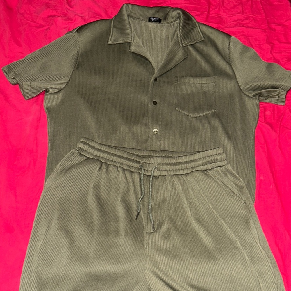 Olive Green Ribbed Shirt and Short Set
